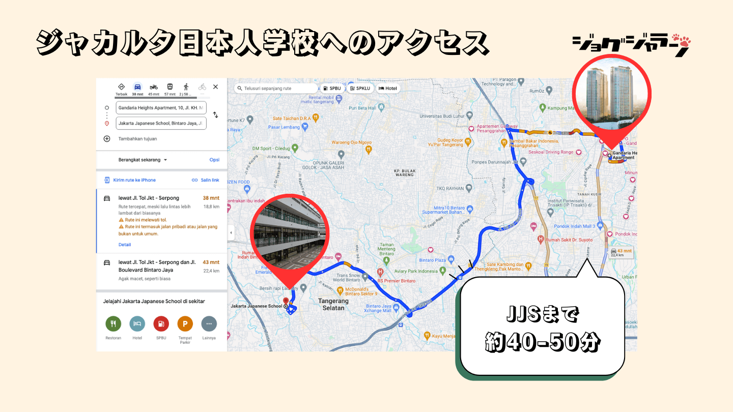 ガンダリアハイツからジャカルタ日本人学校へのアクセス